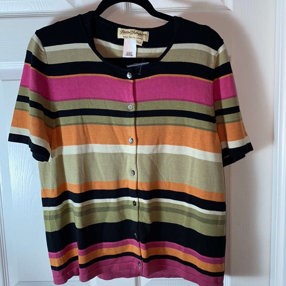 Norm Thompson Cardigan 2 piece Stripped Color Block Sweater Set Short Sleeves